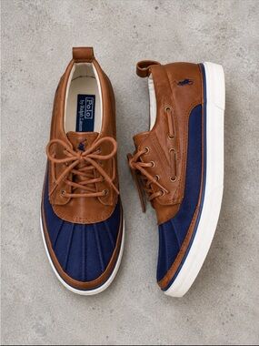 Polo Ralph Lauren Parkstone Mid Duck Sneakers Brown Navy Canvas Leather Men’s 10